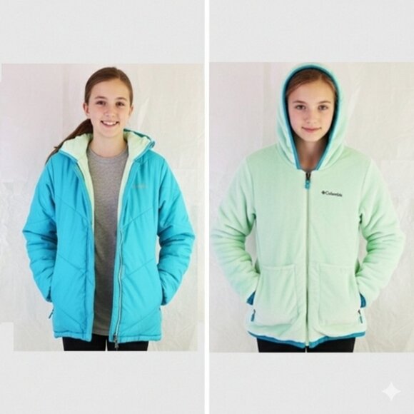 Columbia Other - Columbia Youth Sz L Soft Fuzzy Warm REVERSIBLE Jacket Blue and Mint Green Hoodie